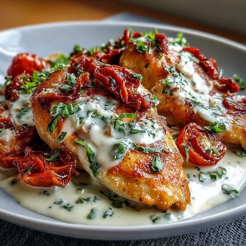 Creamy Tuscan Chicken with Sun-Dried Tomatoes in a rich, herb-infused cream sauce with spinach and Parmesan.  