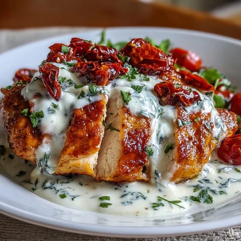 Golden-seared chicken breasts simmered in a velvety Tuscan cream sauce with sun-dried tomatoes and fresh basil.  