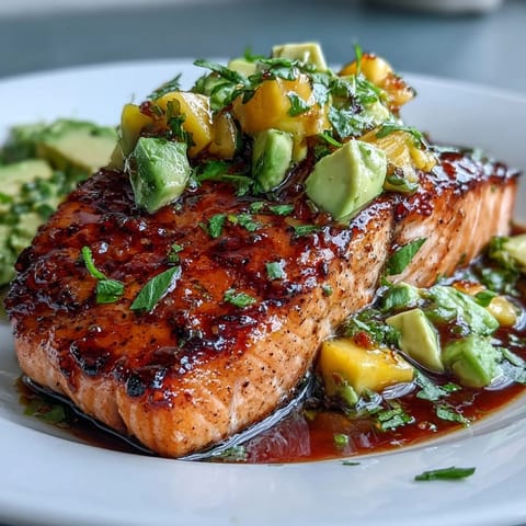 Vibrant baked salmon fillets topped with fresh mango avocado salsa for a tropical summer dinner.  
