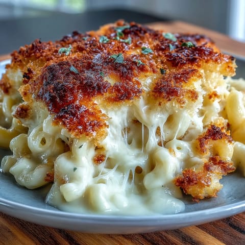 Creamy baked macaroni and cheese with golden, crispy topping and bubbling cheddar sauce