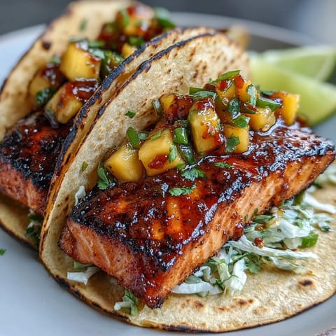 Grilled salmon tacos with mango salsa served on warm tortillas with red cabbage and lime wedges.