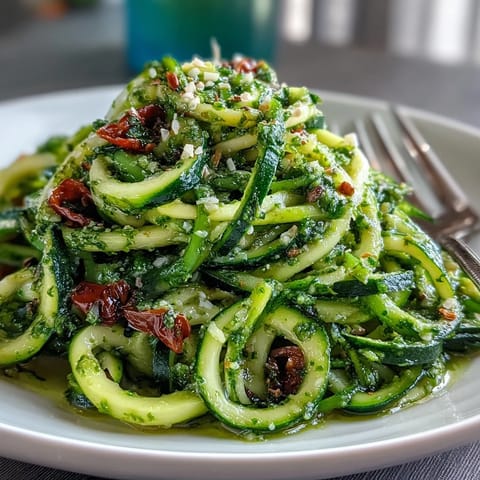 Vibrant zucchini noodles with fresh pesto and juicy tomatoes, an easy summer meal.