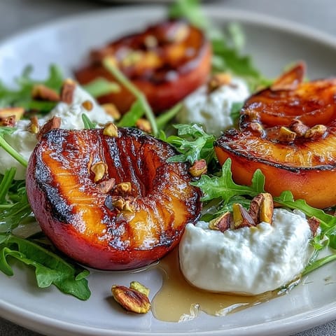 Grilled peach and burrata salad, showing caramelized fruit and creamy cheese.