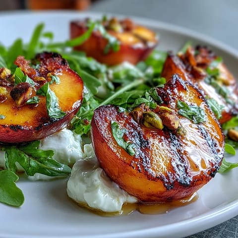 Creamy burrata, sweet grilled peaches, and peppery arugula create this vibrant summer salad.