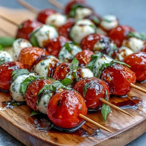 Juicy cherry tomatoes, creamy mozzarella, and basil on skewers with thick balsamic glaze.