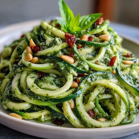 Zucchini Noodles with Avocado Pesto: vibrant green pesto coating tender spiralized zucchini.