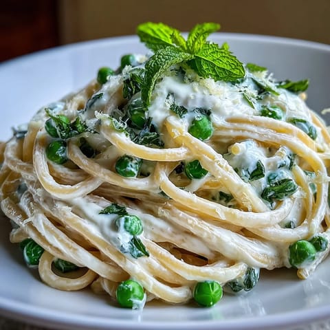 Creamy Lemon Ricotta Pasta with Peas dish, bright with mint and lemon zest.