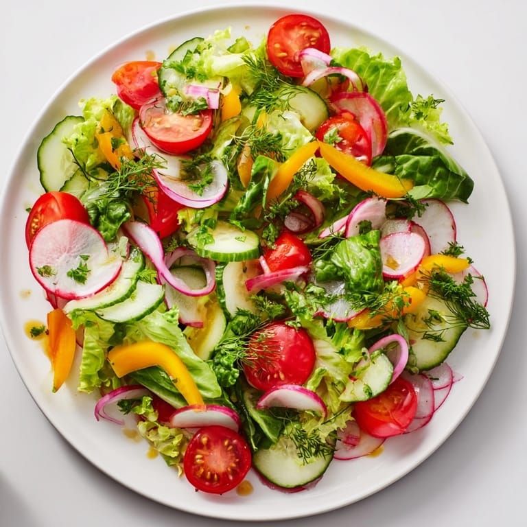 Close-up of the Garden Salad with Pickle Vinaigrette, glistening with tangy dressing.