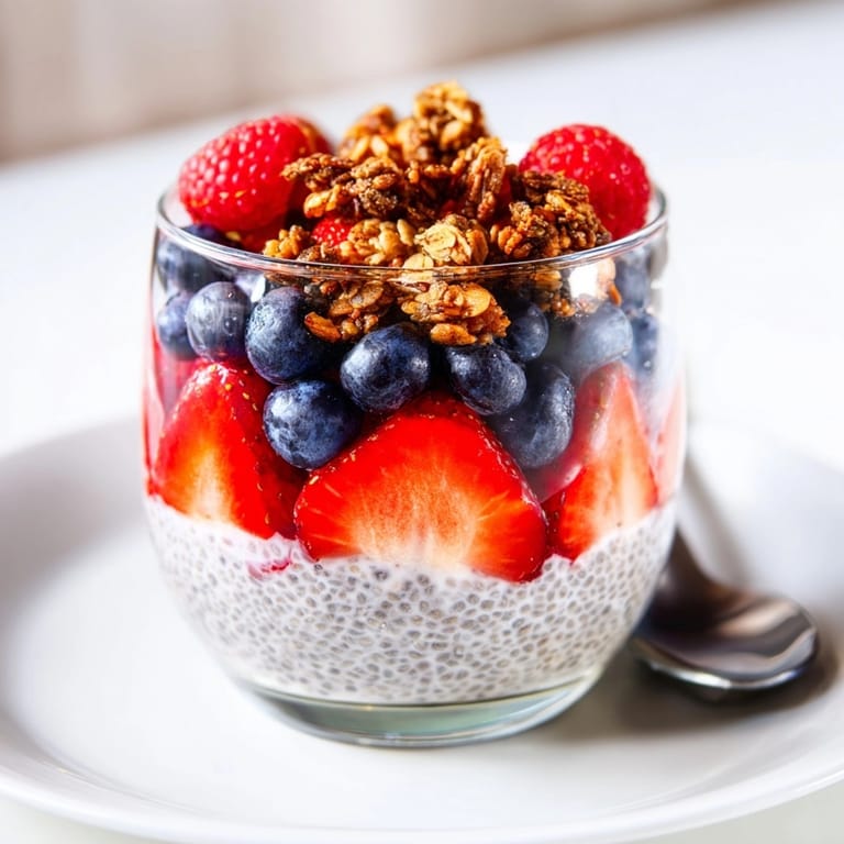 Easy chia berry parfait recipe: see vibrant layers of pudding, berries, and granola.