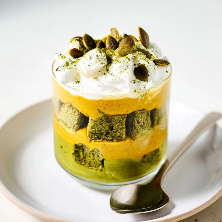 Colorful Matcha Pumpkin Muffin Trifles featuring moist muffins and spiced pumpkin cream.  