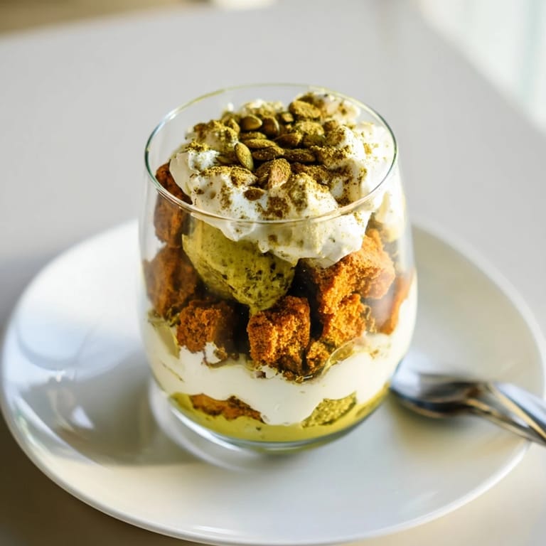 Decadent Matcha Pumpkin Muffin Trifles garnished with pumpkin seeds and matcha dusting.