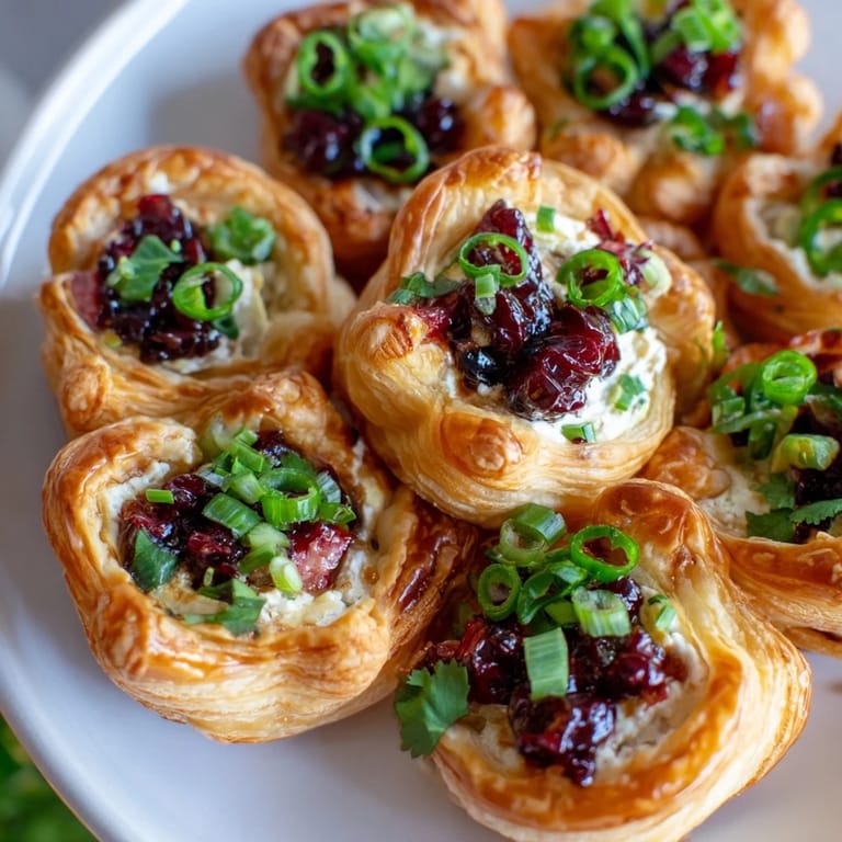 Golden brown puff pastry cups topped with a zesty cranberry jalapeño filling, deliciously tangy.