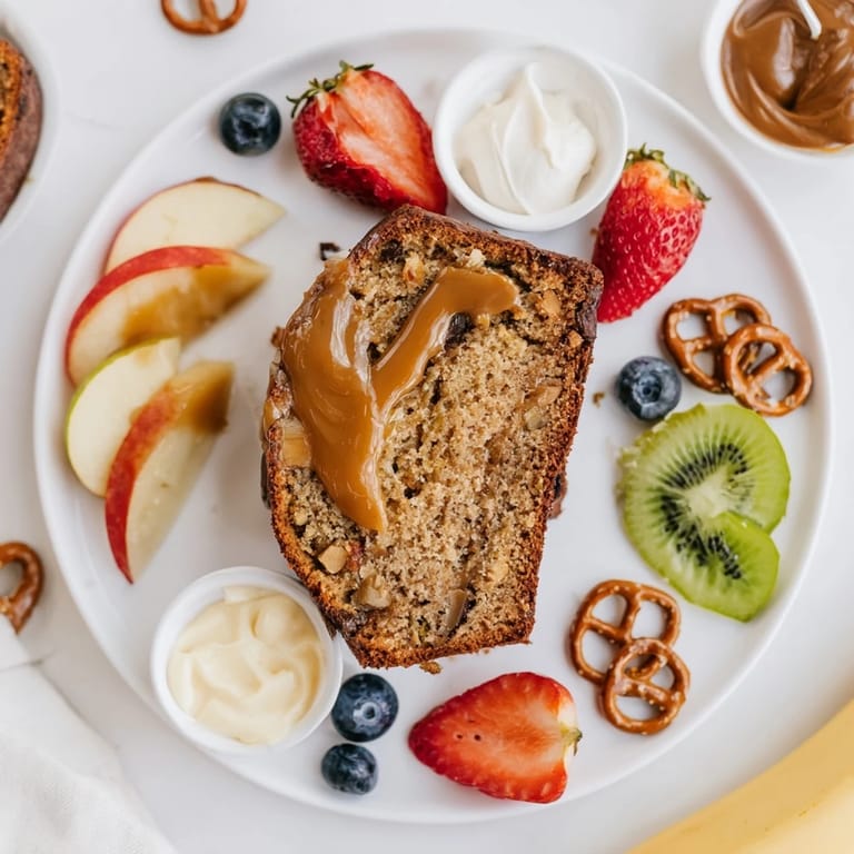 Sliced caramel banana bread on a platter, surrounded by vibrant fruits and sweet spreads.
