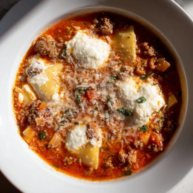 Warm lasagne soup garnished with cheese and jalapeños for extra spiciness.