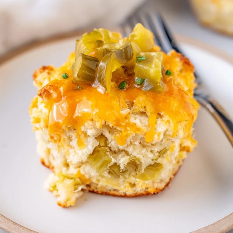 Savory biscuit muffins topped with spicy buffalo sauce and crunchy dill pickles.