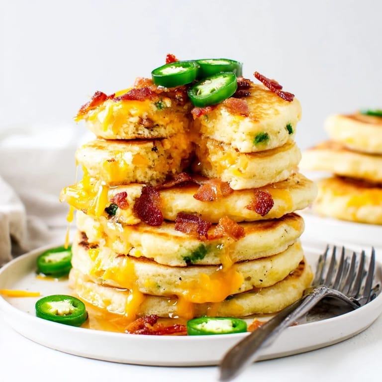 A vibrant plate of Cheddar Jalapeño Chaos Cake Pancake Stacks topped with fresh jalapeños.  