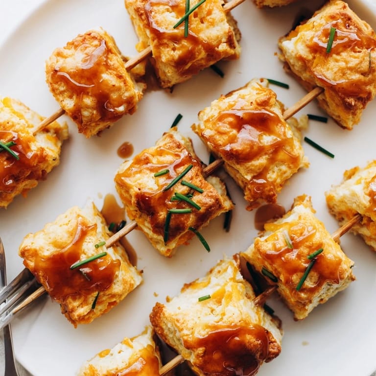 Delicious maple bourbon cheddar biscuit skewers perfect for savory-sweet appetizers at gatherings.  