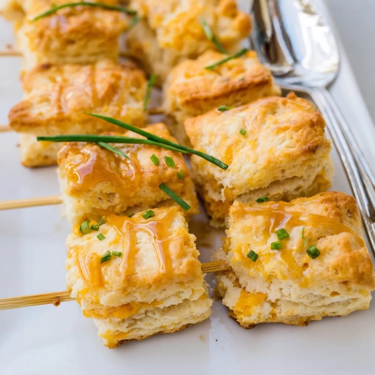 Warm, tasty cheddar biscuit skewers adorned with maple glaze, ideal for festive snacking.