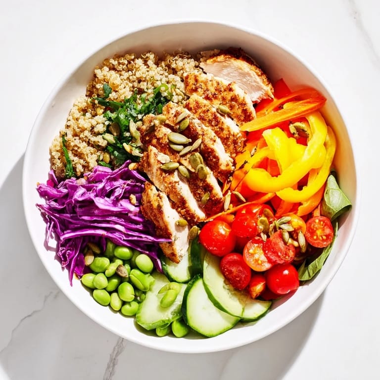 Colorful layers of Healthy Meal-Prep Bowls featuring quinoa, fresh veggies, and zesty dressing.  