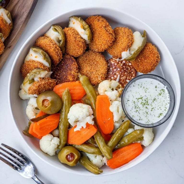 Delicious pickled-wrapped bites complement crispy fried pickles on a colorful platter.  