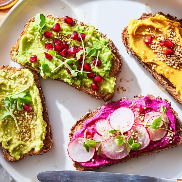 Lively Bright & Bold Breakfast Toasts featuring avocado, pomegranate, and toasted sesame seeds.