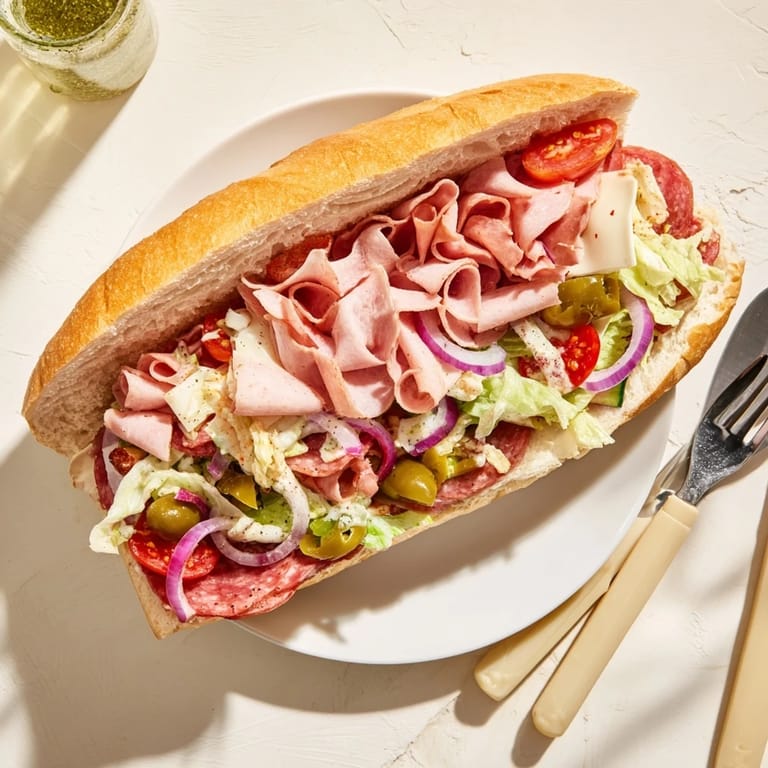 Savory Flavor Mash-Up Sandwiches topped with roasted peppers and tangy dressing, perfect for gatherings.