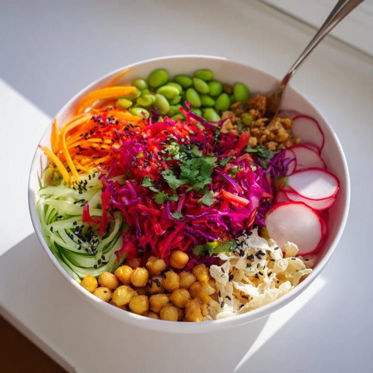 Colorful ASMR Crunch Snack Bowls topped with chickpeas and pumpkin seeds for extra flavor.  