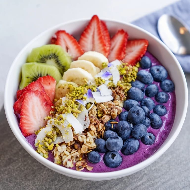 Nutritious breakfast smoothie bowls topped with granola, kiwi, and edible flowers for added flair.
