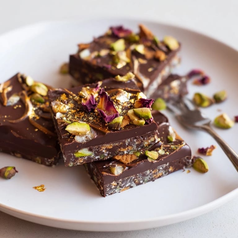 Indulgent chocolate layered dessert topped with crushed pistachios and toasted coconut.  