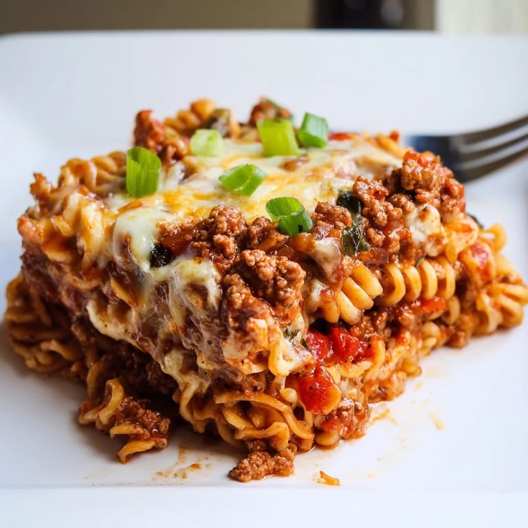 A flavorful spicy ramen lasagna garnished with green onions, ready to be served.  