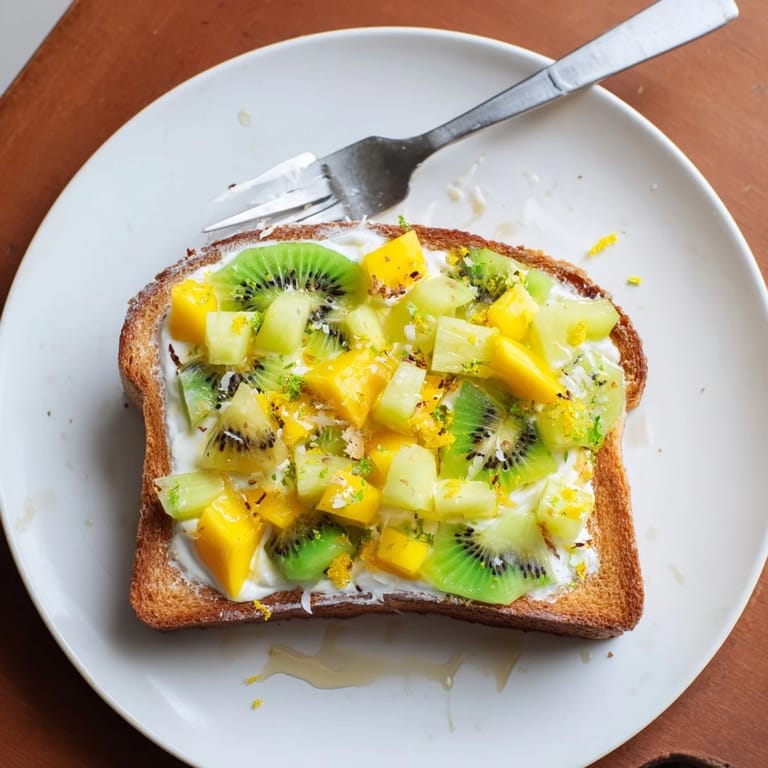 Decadent yogurt-custard toast showcasing diced mango, kiwi, and a coconut sprinkle.