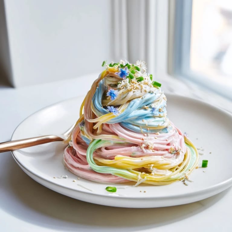 Colorful Neon Noodle Cloud topped with scallions and sesame seeds, perfect for parties.