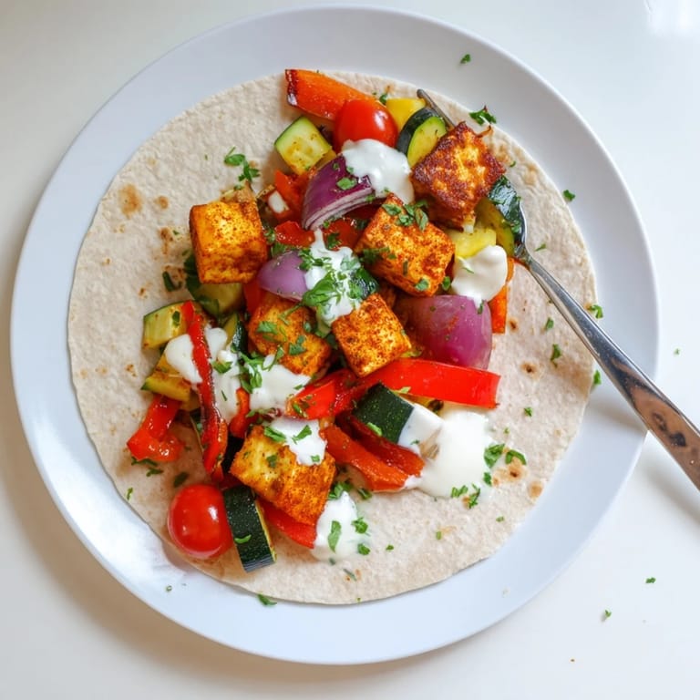Plant-based yogurt sauce drizzled over vibrant tofu and roasted veggies, vegan goodness.  