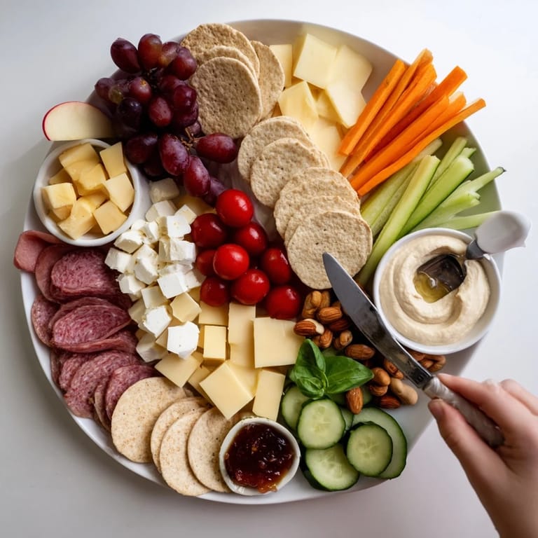 Delicious Girl Dinner Platter featuring assorted cheeses, fruits, and crunchy pita chips.