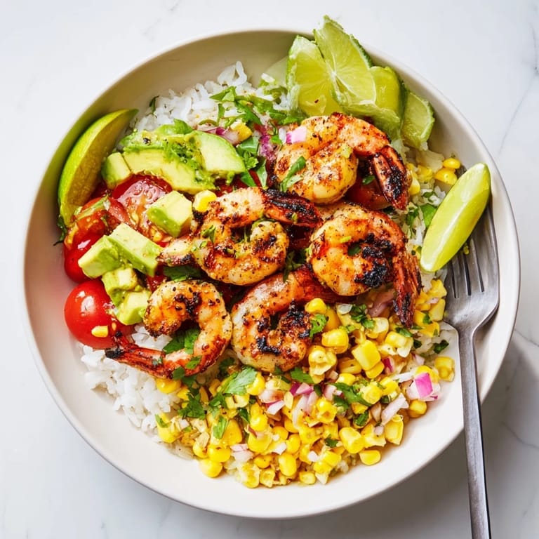 Delicious Easy Grilled Shrimp Bowl served over rice, bursting with vibrant flavors and textures.