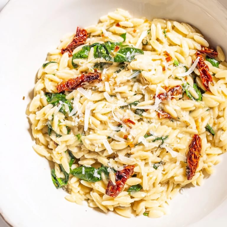 Comforting Creamy Tuscan Orzo Bowl garnished with Parmesan, served hot and flavorful.  