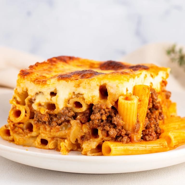 A close-up shot of a steaming, irresistible Pastitsio, showing the creamy béchamel topping.