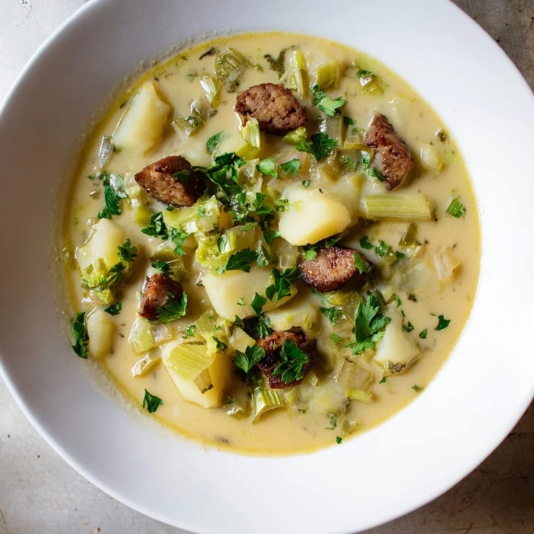 A steaming bowl of potato, leek & chorizo soup, highlighting the richness of the ingredients.