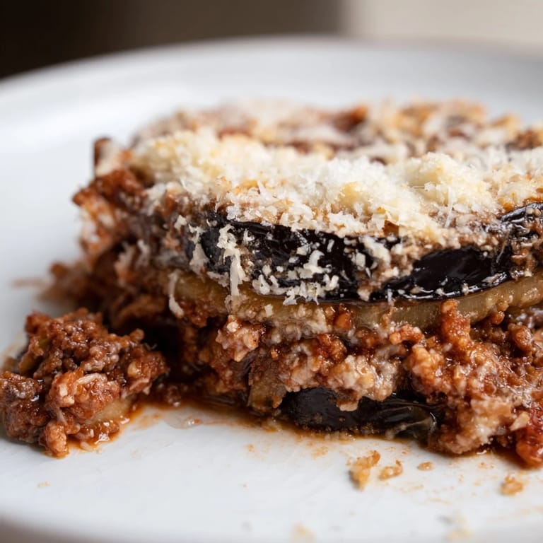 A close-up shot of Moussaka, showing layered eggplant, rich beef, and creamy béchamel, ready to eat.
