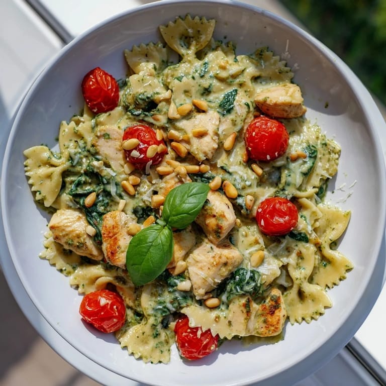 This colorful Pesto Chicken Bowtie Pasta dish is brimming with flavorful chicken and cheese, served hot.