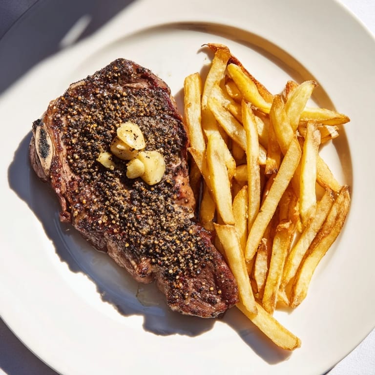 Imagine the aroma! A plate of classic peppercorn ribeye with golden fries, ready for a delicious dinner.