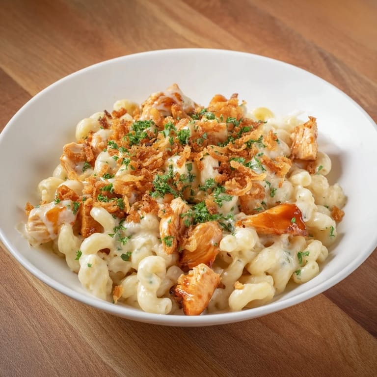 A close-up of cheesy One-Pot Honey BBQ Chicken Mac and Cheese, garnished with fresh parsley and crispy onions.