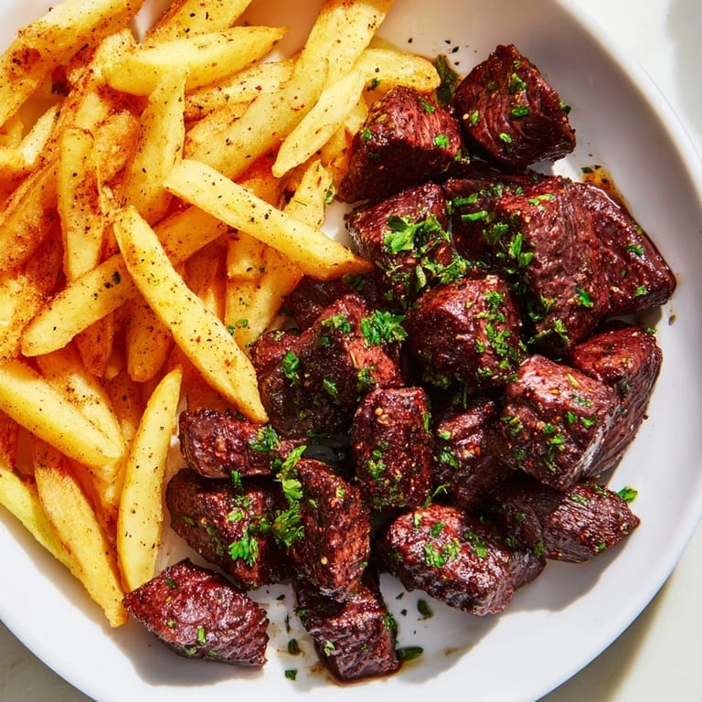 Perfectly seared Blackened Cajun Steak Bites, offering a spicy kick, ready to enjoy with a side of hot fries.
