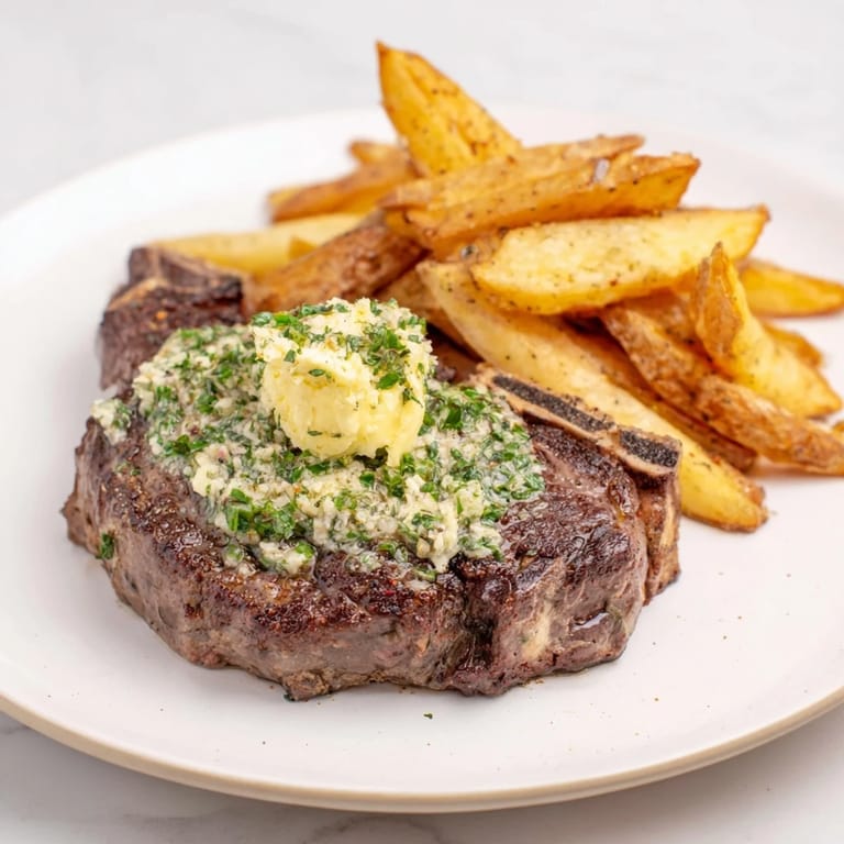 Golden, crispy fries alongside a tender Steakhouse Garlic Butter Steak for a delicious American meal.
