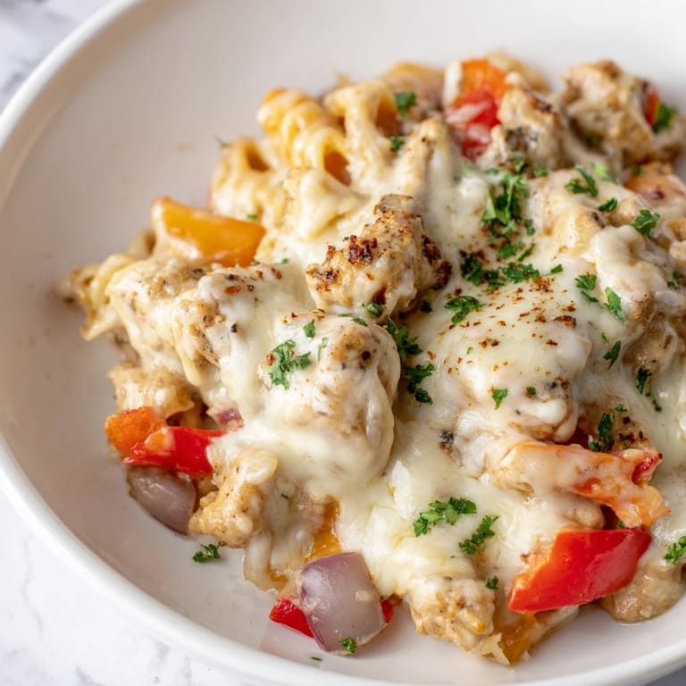 A warm, delicious image of Cajun Chicken Pasta Bake; creamy pasta and tender chicken combine for a delightful dinner.