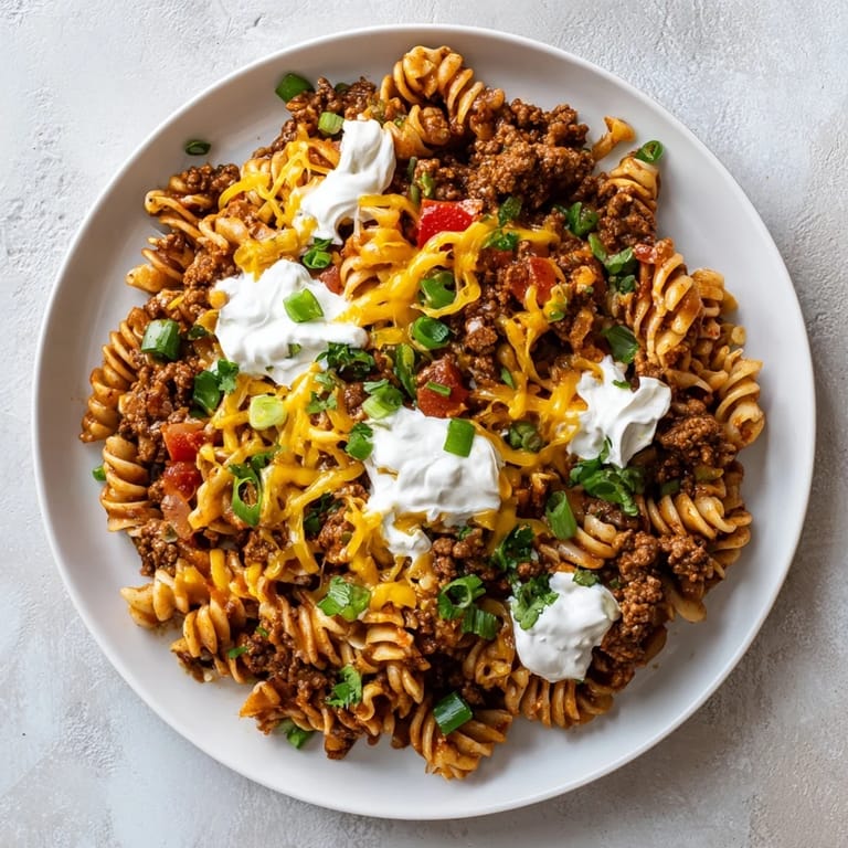 A close-up of a flavorful Cheesy Taco Pasta Skillet, featuring tender pasta with ground beef and tomatoes.