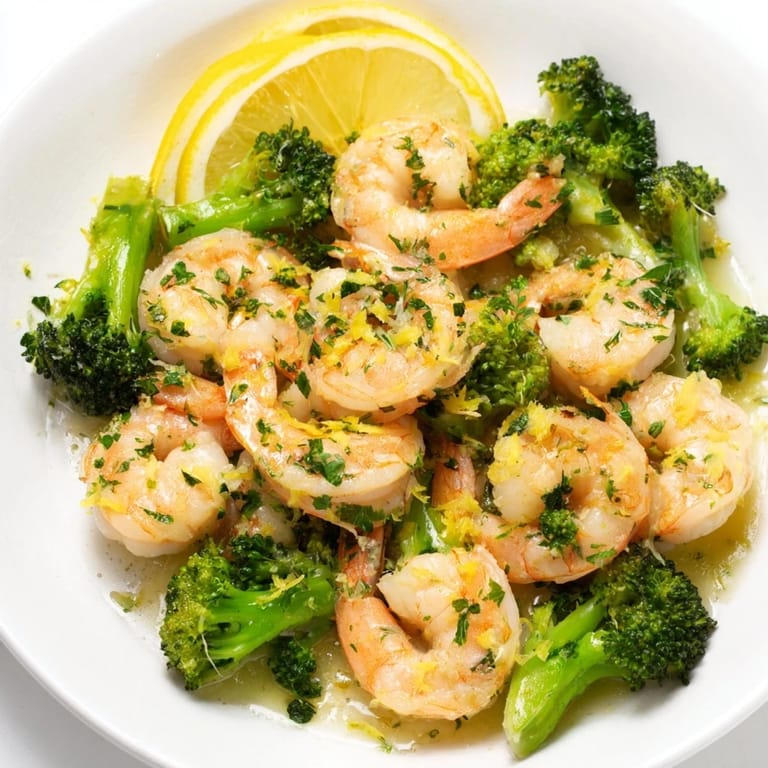Perfectly plated Lemon Butter Shrimp & Broccoli, garnished with parsley, ready to be served and enjoyed.