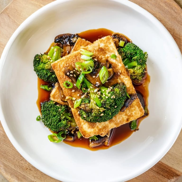 Delicious sautéed tofu steak with tender vegetables, garnished with sesame seeds, ready to be enjoyed.