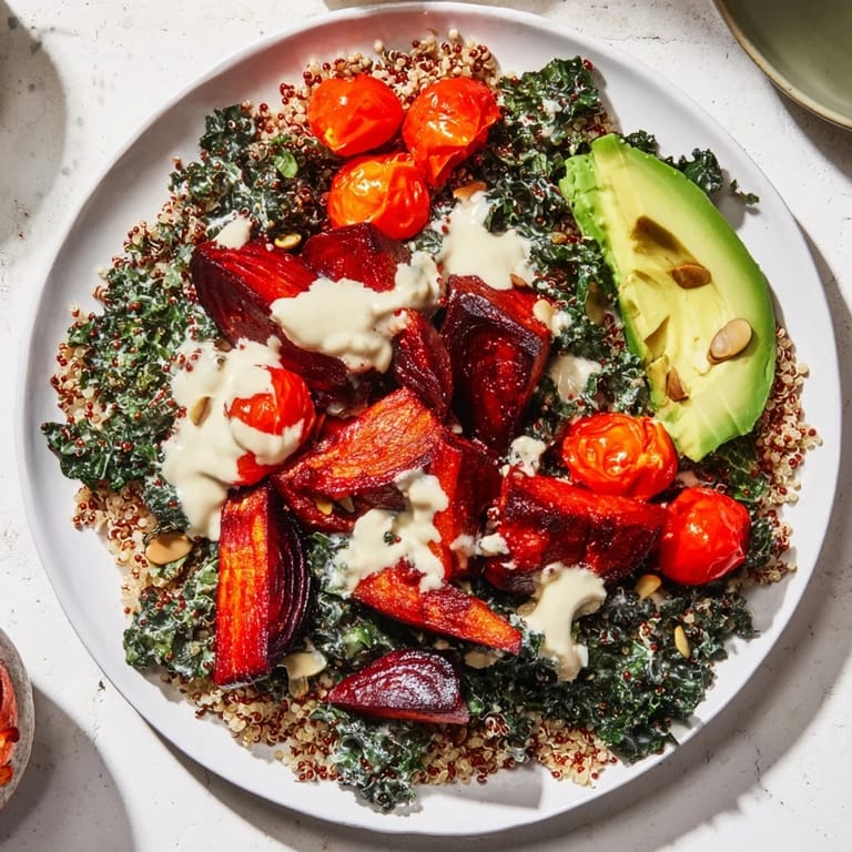 A flavorful vegetarian Quinoa, Kale & Roasted Beet Bowl is served, showcasing roasted beet wedges and kale.