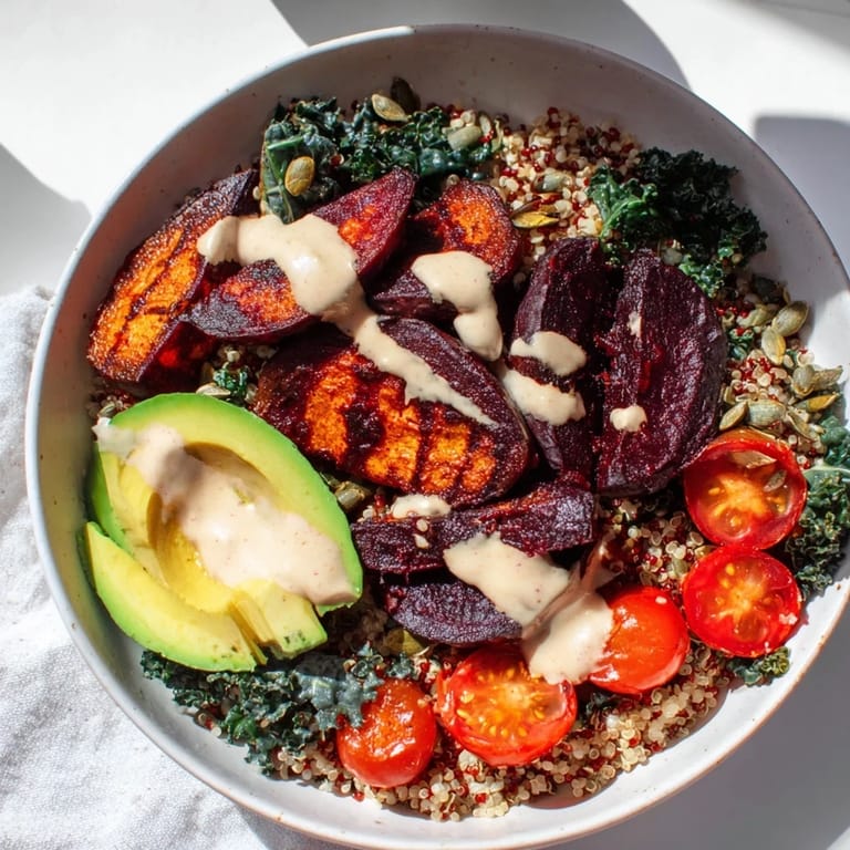 Freshly assembled Quinoa, Kale & Roasted Beet Bowl with avocado slices, ready for a healthy meal.